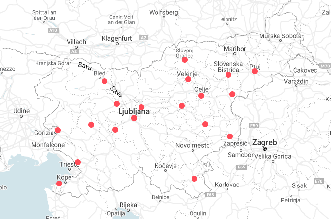 Slovenian Art Cinema Association 2021 map of Slovenian members of the Europa Cinemas Network.png