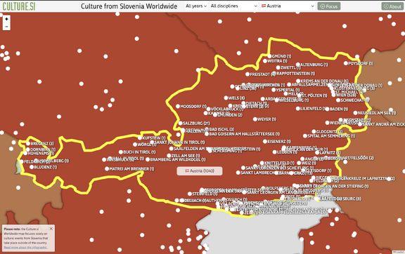 Online version (printscreen) of interactive Culture from Slovenia World Map, featuring events in Austria. Collected 2010–2026.