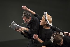 Pablo Picasso's <i>Desire Caught by the Tail</i> directed by <!--LINK'" 0:144-->, as the last part of her <i>Source Image</i> trilogy produced by <!--LINK'" 0:145-->, staged at the <!--LINK'" 0:146-->, 2014. From left to right: <!--LINK'" 0:147-->, <!--LINK'" 0:148-->, <!--LINK'" 0:149-->