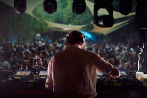 <!--LINK'" 0:107-->: German DJ Gerd Janson performing on the main stage on the beach near the Soča River