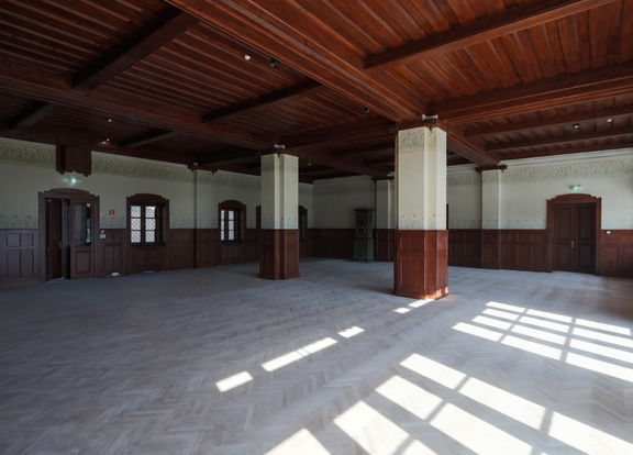 The renovated interior of the Švicarija Art Centre, a former hotel from the early 20th century, renovation led by Arrea Architecture, 2017.