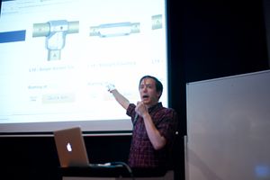 Reid Bingham (USA) presenting <i>Autonomous Interactive Radio</i> at Lightning Talks, part of the Interactivos?’12 Ljubljana, organized by <!--LINK'" 0:1275-->, 2012