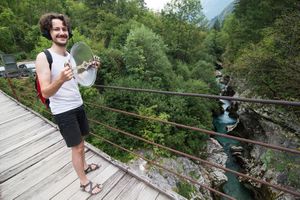 Klemens Kohlweis with his parabolic directed microphone above Soča river, <!--LINK'" 0:593-->, 2018.