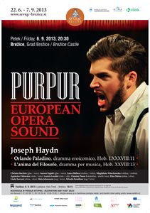 A poster for the PurPur Orchestra's presentation of the Joseph Haydn's opera <i>Orlando Paladino</i> at the Knights' Hall of the <!--LINK'" 0:98-->, in the framework of the <!--LINK'" 0:99--> in 2013, in the framework of the PurPur - the European Opera Sound project.