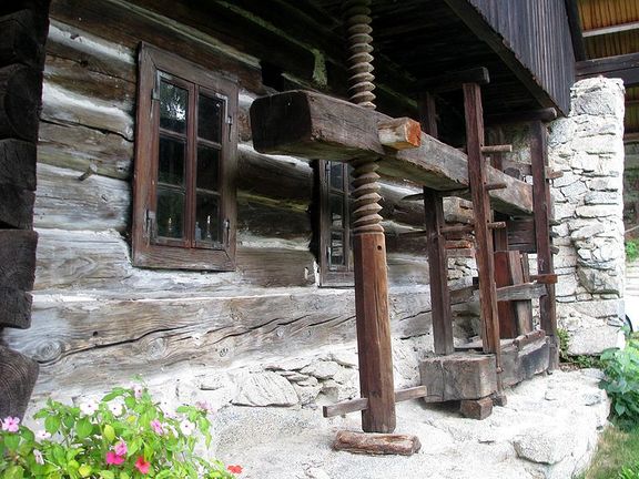 Hand constructed wooden wine press at Kavčnik Homestead folk architecture museum
