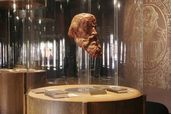 Primož Trubar's head and the books, a part of installation at the Trubar Homestead museum in Velike Lašče, Slovenia