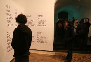 The opening of the <i>Article 23</i> exhibition, curated by <!--LINK'" 0:128-->, <!--LINK'" 0:129-->, 2008. On the wall: posters by Goran Trbuljak, Croatian conceptual artist.