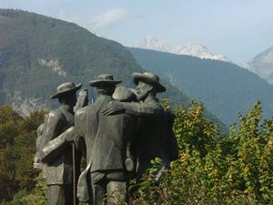 <!--LINK'" 0:287--> <i>Monument to four courageous men, Ribčev Laz</i> commemorating the first ascent to Mount Triglav in 1778, Bohinj, Gorenjska. Erected in 1978. <!--LINK'" 0:288-->