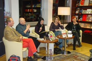 Vili Rezman (second from the left) presenting his awarded work in <i>Konzorcij</i>, at <!--LINK'" 0:2--> during Fabula Festival of Stories, 2009
