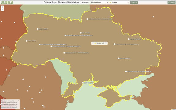 Online version (printscreen) of interactive Culture from Slovenia World Map, featuring events in Ukraine. Collected 2010–2026.