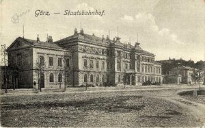 The building of today's Nova Gorica railway station, a postcard from the early 1920s. (Photo from the regional library portal <!--LINK'" 0:60-->.)