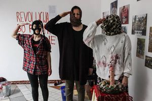 Revolt Social Workers's opening performance of the exhibition I Spit on Revolution!, Križišče Gallery, 2018; at <!--LINK'" 0:621-->.