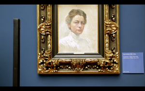 A still frame from <!--LINK'" 0:285--> promo video featuring <!--LINK'" 0:286-->'s self-portrait in the <!--LINK'" 0:287-->. Kobilica (1861&ndash;1926) was at the time the most prominent women painter who worked in Vienna, Munich, Paris, Sarajevo, Berlin, and Ljubljana. 2013