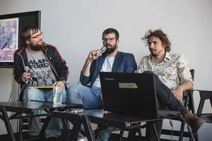 Editor Aljoša Harlamov in conversation with screenplay writers Nejc Juren and Izar Lunaček at <!--LINK'" 0:66-->, 2017.