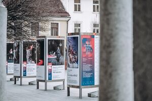 Photos of the exhibition of posters in front of <!--LINK'" 0:36-->, featuring productions of the 53rd <!--LINK'" 0:37-->. Photo: Maša Pirc