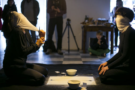 Performance by AnKo – Andreja Džakušič and Keiko Miyazaki entitled In-between at ArtKIT Gallery, 2019.