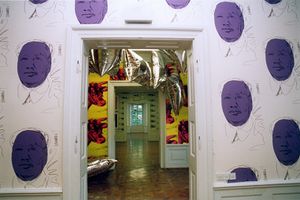 Installation of Andy Warhol's <i>Mao</i> wallpaper (1972) and <i>Silver Clouds</i>, in <i>Fundamina</i>, Zoran Mušič, Andy Warhol, and Mimmo Paladino, 24th <!--LINK'" 0:209-->, <!--LINK'" 0:210-->, 2001.
