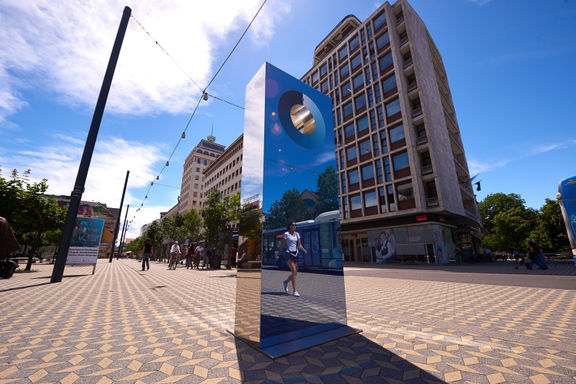 A 3.3-metre installation dubbed Cyanometer, created by Martin Bricelj Baraga. Located at the Ajdovščina Square in Ljubljana, it is 'measuring the blueness of the sky' as well as showing data on air quality and the main polluters.