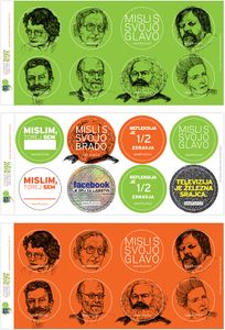 Campaign created for the <!--LINK'" 0:715--> by <!--LINK'" 0:716-->; badges include images of philosophers and the faculty's moto "Think with your head." - "Misli s svojo glavo.", 2009