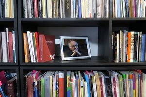 One of the many bookshelfs at <!--LINK'" 0:24-->, where a few thousand books collected by the late poet <!--LINK'" 0:25--> are being kept, 2017