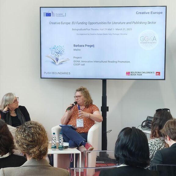 At the Bologna Children's Book Fair 2025, Barbara Pregelj from the Malinc Publishing House presented GG4A: Innovative Intercultural Reading Promotion, employing gamification to foster reading among teenagers, in partnership with Sodobnost International Cultural Society.