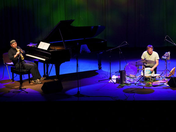 Milko Lazar and Zlatko Kavčič, both internationally renowned musicians as well as recipients of the Prešeren Award, performing at the Nova Gorica Arts Centre (the concert was later release on a CD called Ena/One), 2013