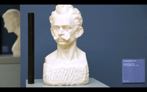A still frame from <!--LINK'" 0:288--> promo video featuring a marble bust of <!--LINK'" 0:289--> (1876&ndash;1918), the beginner of Modernism in Slovene literature, sculpted by <!--LINK'" 0:290-->, shot in <!--LINK'" 0:291-->, 2013.