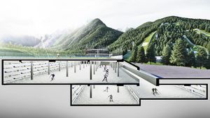 A render of the underground hall (summertime) in the Nordic Centre Planica complex. <!--LINK'" 0:780-->, 2015.