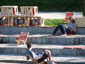 One of several pleasantly shady open air reading spots created for <i>The Library Under the Trees</i> project, <!--LINK'" 0:542-->, 2010