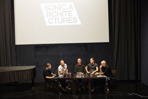 Moderator Luka Zagoričnik and the three speakers were joined onstage for a discussion by Matt Spendlove aka Spatial, SONIC.ARCHITECTURES Symposium at Slovenian Cinematheque organised by MoTA Museum of Transitory Art, 2016.