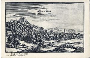Reproduction of Merian 's copper engraving of Gorizia in 1716, a postcard