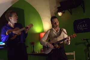 Maja Dekleva Lapajne and Alenka Marinič performing <i>Iz vode na kopno</i> music theatre show at the 10th <!--LINK'" 0:58-->, 2023.