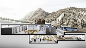 A render of the underground hall (winter time) in the Nordic Centre Planica complex. <!--LINK'" 0:300-->, 2015.