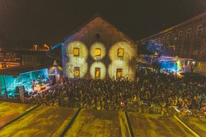 The courtyard of the Tobačna Cultural Quarter, as seen during <!--LINK'" 0:246-->, 2015