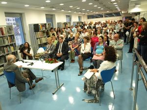 <!--LINK'" 0:141--> organises frequent literary evenings and book events, pictured is an event with Slovene writer and Nobel nominee <!--LINK'" 0:142--> (born 28 August 1913), 2009